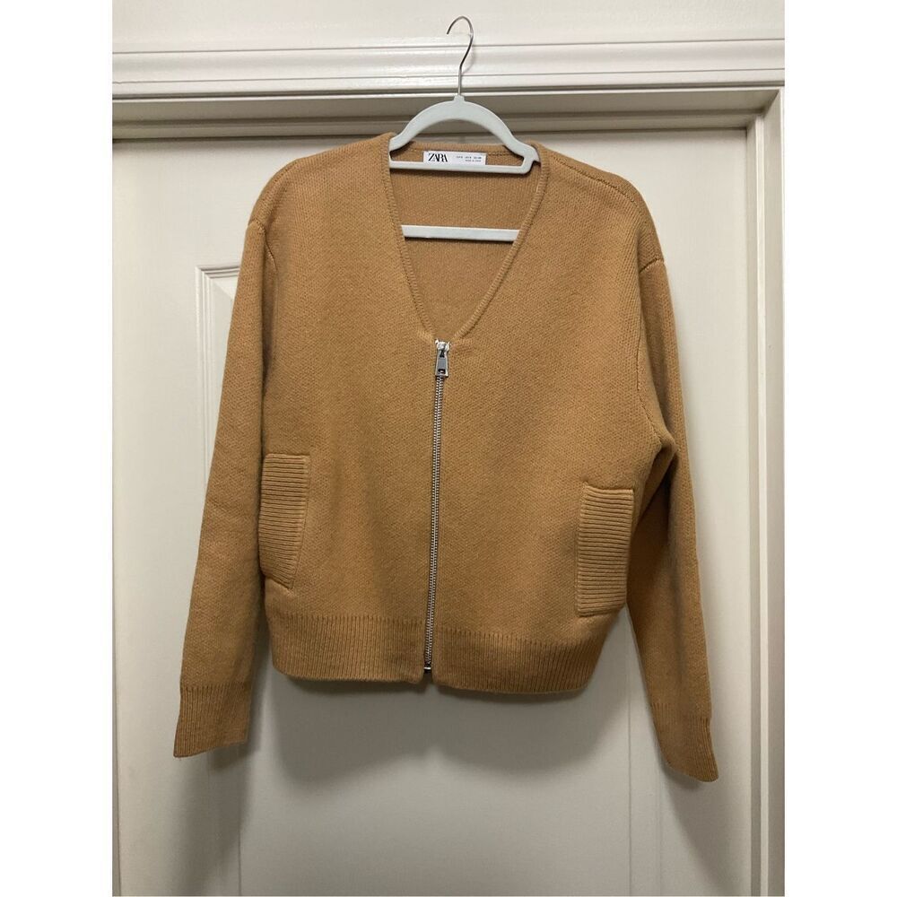 Wool Zara Camel Colored Wool Varsity Style Zipped Cardigan (Size S)